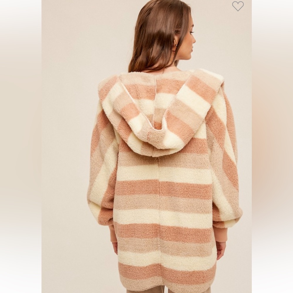 🆕Women’s Soft Fleece Cozy Cardigan Hoodie Cream Rose Mocha Striped W/Pockets - Picture 11 of 12